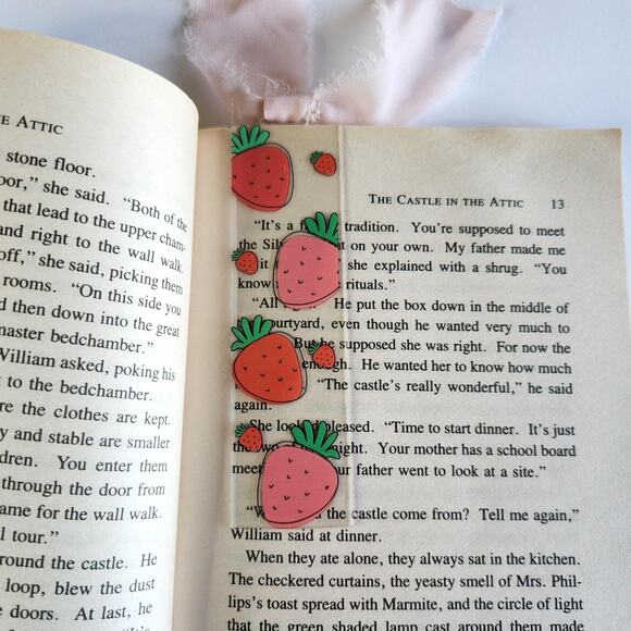 Artsy Strawberries Berry Print Bookmark Ribbon Bow Pink Coquette Bookish Gift - Picture 2 of 9